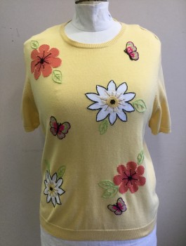 Womens, Pullover, ALFRED DUNNER, Butter Yellow, Multi-color, Cotton, Acrylic, Novelty Pattern, Floral, XL, Butter Knit with Novelty Daisies and Butterflies Pattern with Seed Bead Accents, Short Sleeves, Scoop Neck, Padded Shoulders