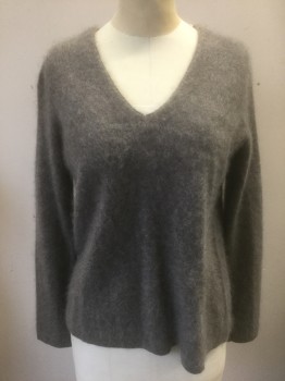 Womens, Pullover Sweater, BANANA REPUBLIC, Warm Gray, Cashmere, Solid, XS, Fuzzy Texture Knit, Long Sleeves, V-neck, High/Low Hemline