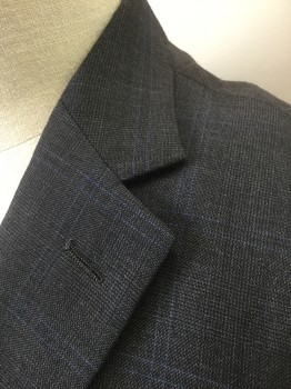 NAUTICA, Gray, Dk Gray, Blue, Wool, Check - Micro , Grid , Gray/Dark Gray Microcheck with Faint Blue Double Grid Lines, Single Breasted, Notched Lapel, 2 Buttons, 3 Pockets, Solid Gray Satin Lining