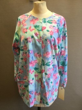 Unisex, Cardigan Unisex, WHITE SWAN, Lt Blue, Pink, Emerald Green, Poly/Cotton, Floral, S, Crew Neck, Snap Front, Raglan Long Sleeves,  Elastic  Cuffs 2 Pockets,