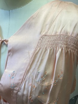 Womens, Top, N/L, Peachy Pink, Silk, Floral, Solid, W:30-4, B:36-8, M, Silk Satin Pajama Top, Cap Sleeves, Self Tie at Neck, with Open Keyhole at Bust, Peach and Light Blue Subtle Floral Embroidery at Chest, Self Ties at Waist, Smocked Detail at Upper Chest