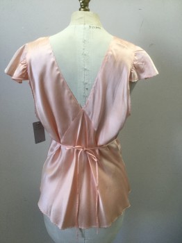 Womens, Top, N/L, Peachy Pink, Silk, Floral, Solid, W:30-4, B:36-8, M, Silk Satin Pajama Top, Cap Sleeves, Self Tie at Neck, with Open Keyhole at Bust, Peach and Light Blue Subtle Floral Embroidery at Chest, Self Ties at Waist, Smocked Detail at Upper Chest