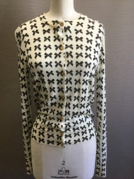 J CREW, Cream, Black, Novelty Pattern, Cream with Black Bows Pattern, Knit, Long Sleeves, Gold Buttons at Front, Round Neck