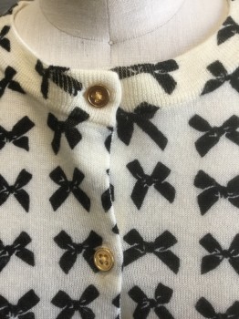 J CREW, Cream, Black, Novelty Pattern, Cream with Black Bows Pattern, Knit, Long Sleeves, Gold Buttons at Front, Round Neck