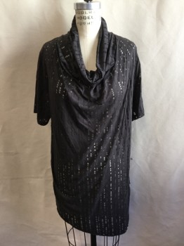 Womens, Sci-Fi/Fantasy Top, ON/OFF, Dk Gray, Cotton, Abstract , S/M, Jersey with Vertical Holes All Over, Cowl Neck, Short Sleeves