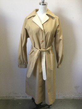 FLEET STREET, Khaki Brown, Ecru, Cotton, Solid, Button Front, 4 Buttons, Self Belt Double Sided, 2 Pockets, Edge Piping at Collar and Shoulders, Has 1980s Type Cuff. Bells Out, Several Stains, See Photos