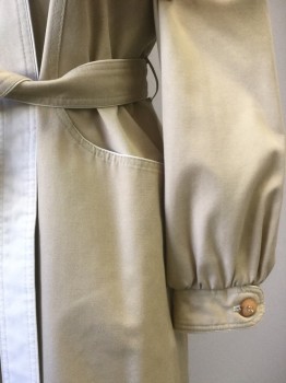 FLEET STREET, Khaki Brown, Ecru, Cotton, Solid, Button Front, 4 Buttons, Self Belt Double Sided, 2 Pockets, Edge Piping at Collar and Shoulders, Has 1980s Type Cuff. Bells Out, Several Stains, See Photos