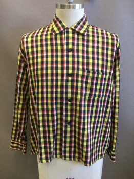N/L, Yellow, Black, White, Red, Wool, Orlon Acrylic, Plaid, Button Front, Collar Attached, 1 Pocket, Long Sleeves, Straight Hem