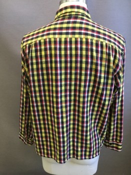 N/L, Yellow, Black, White, Red, Wool, Orlon Acrylic, Plaid, Button Front, Collar Attached, 1 Pocket, Long Sleeves, Straight Hem