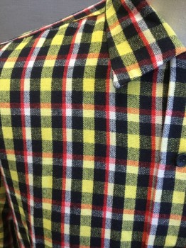 Mens, Casual Shirt, N/L, Yellow, Black, White, Red, Wool, Orlon Acrylic, Plaid, 34, 16.5, Button Front, Collar Attached, 1 Pocket, Long Sleeves, Straight Hem