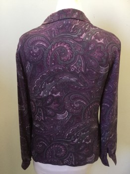 Womens, Blouse, SFA REAL CLOTHES, Purple, Lavender Purple, Gray, Aubergine Purple, Silk, Paisley/Swirls, 12, L/S, Button Front, Collar Attached, Notched Lapel, Button Cuff