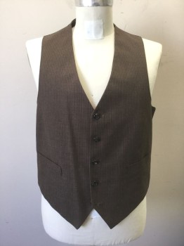 Mens, 1980s Vintage, Suit, Vest, ZACHARY ALL, Brown, White, Wool, Stripes - Pin, 42, 5 Buttons, 2 Pockets, Solid Brown Lining and Back with Self Belt in Back,