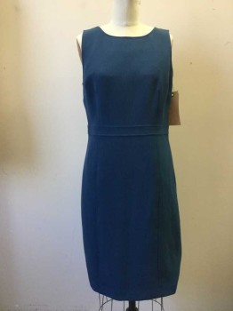 ANN TAYLOR, Teal Blue, Synthetic, Solid, Bateau/Boat Neck, 1" Wide Self Waistband, Sheath Dress, Knee Length, Invisible Zipper in Back