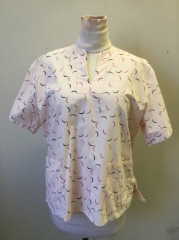 ANGELICA, Peachy Pink, Navy Blue, Pink, Poly/Cotton, Novelty Pattern, Peach-Pink with Navy/Pink Crescent Moon Pattern, Reinforced Shaped V-neck, Short Sleeves, 2 Patch Pocket