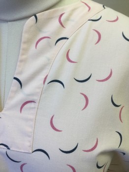 ANGELICA, Peachy Pink, Navy Blue, Pink, Poly/Cotton, Novelty Pattern, Peach-Pink with Navy/Pink Crescent Moon Pattern, Reinforced Shaped V-neck, Short Sleeves, 2 Patch Pocket