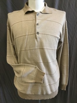 Mens, Polo Shirt, ALBERTINI, Lt Brown, Cream, Brown, Cotton, Polyester, Diamonds, Stripes - Horizontal , XL, Ribbed/knit Solid Brown Collar Attached, Long Sleeves Cuffs & Hem, 3 Button Front,