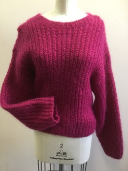 Womens, Pullover, 525, Magenta Pink, Mohair, Solid, Small, Crew Neck, Long Sleeves, Large Knit,