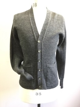 Mens, Sweater, MC GREGOR, Charcoal Gray, Wool, Heathered, L, 42, Cardigan, V-neck, Long Sleeves, 5 Buttons, 2 Pockets, Subtle Wide Rib Knit,