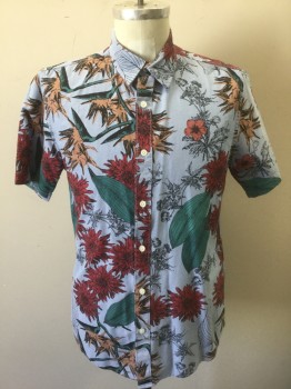Mens, Casual Shirt, AMERICAN RAG CIE, Lt Blue, Maroon Red, Black, Sea Foam Green, Peach Orange, Cotton, Floral, Oxford Weave, M, Light Blue with Dark Red, Seafoam, Peach, and Black Floral Pattern, Short Sleeve Button Front, Collar Attached, Has a Double