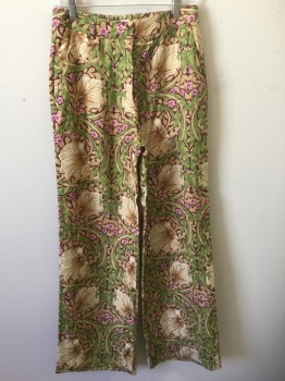 Womens, Suit, Pants, MORRIS & CO/H&M, Multi-color, Lime Green, Red Burgundy, Ecru, Lt Pink, Lyocell, Polyester, Floral, 6, Burgundy/Olive/Ecru/Lime/Beige Floral Pattern, Woven Material, High Waist, Wide Leg, Zip Fly, 2 Pockets, 2 Faux (Non Functional) Pockets in Back, Belt Loops