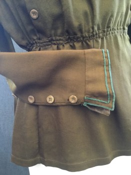 N/L, Chocolate Brown, Green, Wool, Cotton, Solid, Womens Winter Blouse. Faux Button Panelled Front, Either Side with Green Soutache Detail at Front Chest and Neckline As Well As Cuffs. Gathered Waistline with Peplum Lower. Some Damage to Left Front and Slight Shoulder Burn. Cotton Gauze Undershirt,