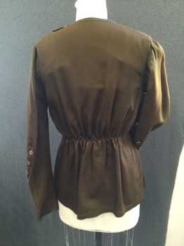 N/L, Chocolate Brown, Green, Wool, Cotton, Solid, Womens Winter Blouse. Faux Button Panelled Front, Either Side with Green Soutache Detail at Front Chest and Neckline As Well As Cuffs. Gathered Waistline with Peplum Lower. Some Damage to Left Front and Slight Shoulder Burn. Cotton Gauze Undershirt,