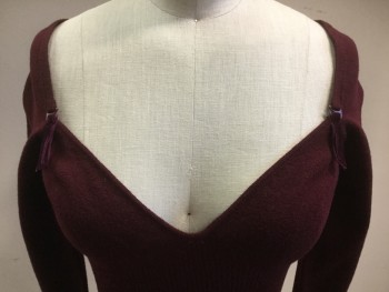 Womens, Top, DOLCE & GABBANA, Red Burgundy, Wool, Polyester, Solid, Small, Knit, 3/4 Sleeves, Sweetheart Neckline, Velvet Detail with Bra Hook, Rib Knit Waist