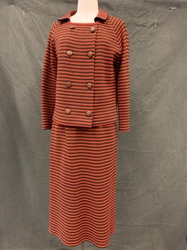 Womens, 1960s Vintage, Suit, Jacket, I. MAGNIN & CO, Red, Olive Green, Navy Blue, Wool, Stripes, W27, B38, Button Front, Double Breasted, Long Sleeves, Bal Collar,cut on Left Sleeve, Hole Right Shoulder. 3 Moth Holes Center Front,