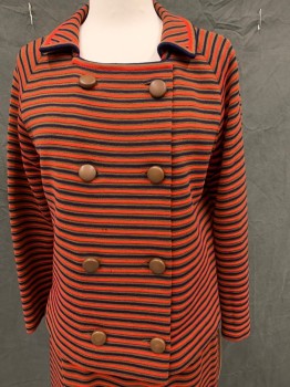 Womens, 1960s Vintage, Suit, Jacket, I. MAGNIN & CO, Red, Olive Green, Navy Blue, Wool, Stripes, W27, B38, Button Front, Double Breasted, Long Sleeves, Bal Collar,cut on Left Sleeve, Hole Right Shoulder. 3 Moth Holes Center Front,