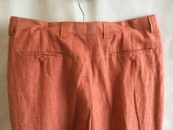 Mens, Pants, ANGELINO, Orange, Linen, Heathered, 31, 34, +3", 1.5" Waistband with Belt Hoops, 3 Pleat Front, Zip Front, 4 Pockets,