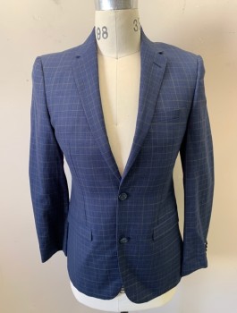 Mens, Sportcoat/Blazer, MOODS OF NORWAY, Navy Blue, Lt Brown, Wool, Linen, Plaid, 36R, Single Breasted, Notched Lapel, 2 Buttons, 3 Pockets, Bright Blue Lining