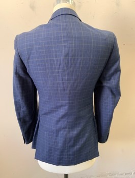 Mens, Sportcoat/Blazer, MOODS OF NORWAY, Navy Blue, Lt Brown, Wool, Linen, Plaid, 36R, Single Breasted, Notched Lapel, 2 Buttons, 3 Pockets, Bright Blue Lining