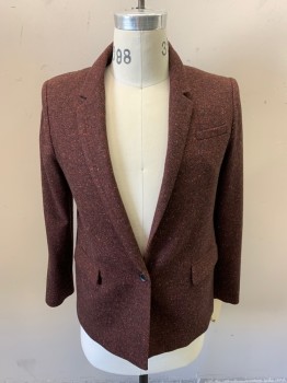Womens, Blazer, BANANA REPUBLIC, Red Burgundy, Wool, Polyester, Speckled, Herringbone, 10, Notched Lapel, 1 Button, 2 Pockets,