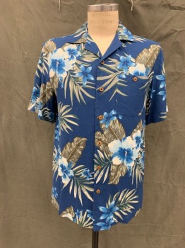 Mens, Hawaiian Shirt, ISLAND SHORES, Navy Blue, Blue, Dk Green, White, Lt Green, Cotton, Floral, S, Button Front, Collar Attached, Short Sleeves, 1 Pocket
