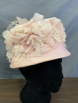 N/L, Lt Pink, Cream, Straw, Silk, Cloche-like Shape, Light Pink Sheer Organza and Cream Satin Three-Dimensional Rosettes and Petals Covering Crown, Cream Netting in Poor Condition Attached at Top,