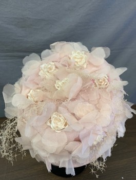 N/L, Lt Pink, Cream, Straw, Silk, Cloche-like Shape, Light Pink Sheer Organza and Cream Satin Three-Dimensional Rosettes and Petals Covering Crown, Cream Netting in Poor Condition Attached at Top,