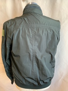 Mens, Jacket, ZARA, Dk Olive Grn, Lime Green, Nylon, Polyester, Solid, M, Collar Attached with Zipper & Hood Inside and 2 Metal Buttons, Dark Lime Green Scruffy Rectangle Patches, Zip Front & Snap Front, 4 Pockets with Zippers, Ribbed Knit Long Sleeves Cuffs & Hem, Solid Black & Perforated Black Lining