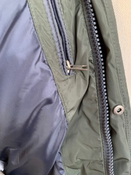 ZARA, Dk Olive Grn, Lime Green, Nylon, Polyester, Solid, Collar Attached with Zipper & Hood Inside and 2 Metal Buttons, Dark Lime Green Scruffy Rectangle Patches, Zip Front & Snap Front, 4 Pockets with Zippers, Ribbed Knit Long Sleeves Cuffs & Hem, Solid Black & Perforated Black Lining