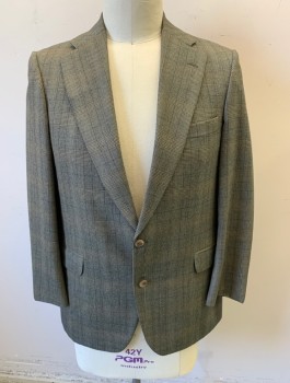 Mens, 1970s Vintage, Suit, Jacket, CARROLL & CO, Beige, Black, Brown, Wool, Glen Plaid, 42R, Single Breasted, Notched Lapel, 2 Buttons, 3 Pockets, Lining is Brown with Medallion Pattern
