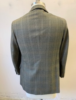 Mens, 1970s Vintage, Suit, Jacket, CARROLL & CO, Beige, Black, Brown, Wool, Glen Plaid, 42R, Single Breasted, Notched Lapel, 2 Buttons, 3 Pockets, Lining is Brown with Medallion Pattern