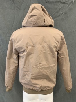 Mens, Casual Jacket, CEDAR WOODSTATE, Lt Brown, Polyester, Solid, XS, Zip Front, Drawstring Attached Hood, Long Sleeves, Ribbed Knit Waistband/Cuff, 2 Diagonal Flap Pockets, Light Fill