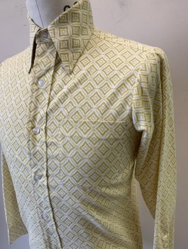THE PUT ON SHOP, White, Chartreuse Green, Polyester, Cotton, Diamonds, Teenager/Small Men's Size, Long Sleeve Button Front, Collar Attached, 1 Patch Pocket, Late 1960's