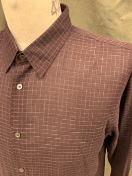 JOHN VARVATOS, Red Burgundy, Gray, Cotton, Wool, Grid , Button Front, Collar Attached, Long Sleeves, Button Cuff