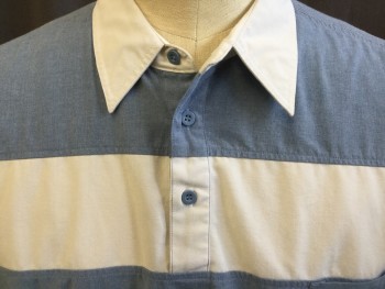 DAVID TAYLOR, Slate Blue, Off White, Polyester, Cotton, Stripes - Horizontal , Heathered, Polo Style, Heather Slate Blue/off White Panel Horizontal Stripes, Solid Off White Collar Attached, 3 Button Front, 1 Pocket with 1 Button, Texture Ridge Shoulder & Short Sleeves Top, Ribbed Knit Heather Slate Blue Short Sleeves Cuffs & Hem