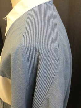 DAVID TAYLOR, Slate Blue, Off White, Polyester, Cotton, Stripes - Horizontal , Heathered, Polo Style, Heather Slate Blue/off White Panel Horizontal Stripes, Solid Off White Collar Attached, 3 Button Front, 1 Pocket with 1 Button, Texture Ridge Shoulder & Short Sleeves Top, Ribbed Knit Heather Slate Blue Short Sleeves Cuffs & Hem