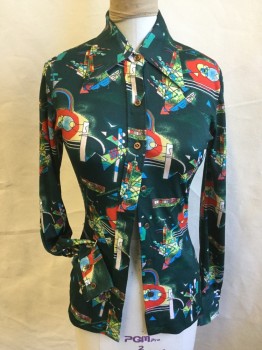 Womens, Blouse, NETTLES WORLD , Forest Green, Red, Yellow, French Blue, Black, Polyester, Geometric, S, Collar Attached, Button Front, Long Sleeves,
