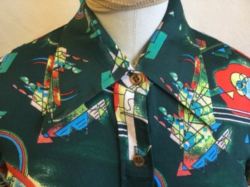 Womens, Blouse, NETTLES WORLD , Forest Green, Red, Yellow, French Blue, Black, Polyester, Geometric, S, Collar Attached, Button Front, Long Sleeves,