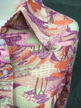 N/L, Pink, Taupe, Purple, Brown, Red-Orange, Nylon, Abstract , Abstract Landscape Pattern, Button Front, Collar Attached, Long Sleeves, Button Cuff