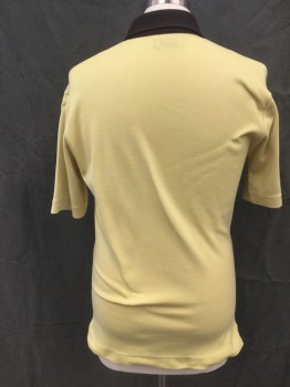 PURITAN, Butter Yellow, Dk Brown, Polyester, Solid, Knit, Short Sleeves, Solid Dark Brown Ribbed Knit Pointy Collar Attached/Zip Placket, Shoulder Burn