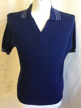VAN CORT-BANLON, Navy Blue, White, Polyester, Solid, Ribbed Knit V-neck, Ribbed Knit 3 White Pinstripes on Collar Attached  Trim and Short Sleeves Cuffs, Solid Ribbed Knit Hem